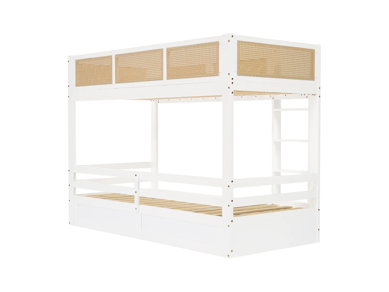 Lit superposé enfant blanc et naturel 90x200cm avec 3 tiroirs, rails en rotin tressé, sans matelas
