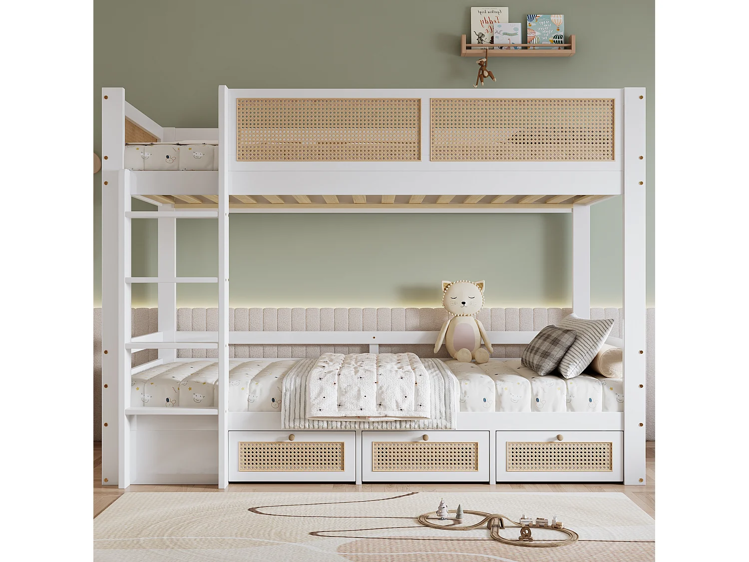 Lit superposé enfant blanc et naturel 90x200cm avec 3 tiroirs, rails en rotin tressé, sans matelas