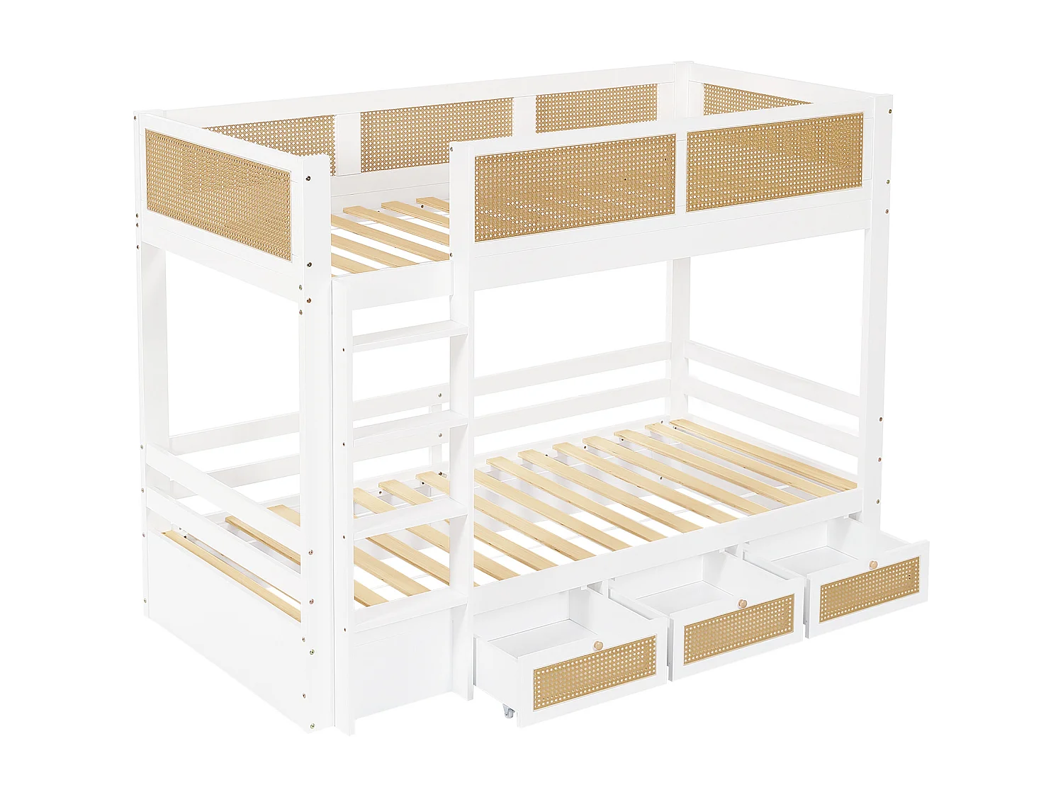 Lit superposé enfant blanc et naturel 90x200cm avec 3 tiroirs, rails en rotin tressé, sans matelas