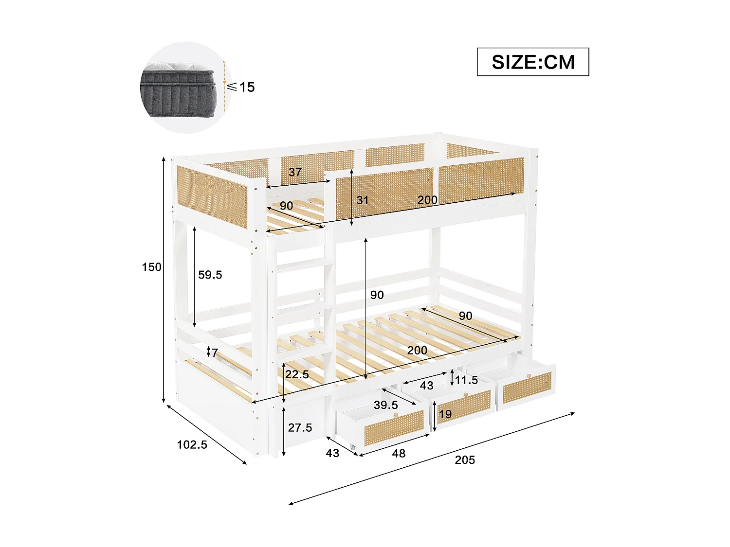 Lit superposé enfant blanc et naturel 90x200cm avec 3 tiroirs, rails en rotin tressé, sans matelas