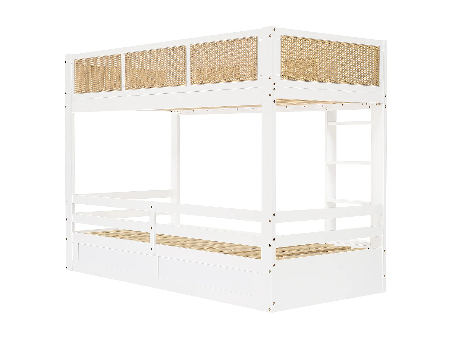 Lit superposé enfant blanc et naturel 90x200cm avec 3 tiroirs, rails en rotin tressé, sans matelas