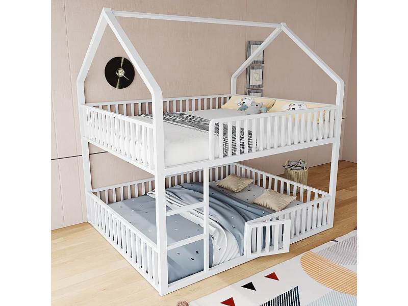 Lit superposé  cabane enfant blanc 140x200cm avec échelle, structure en métal, sans matelas