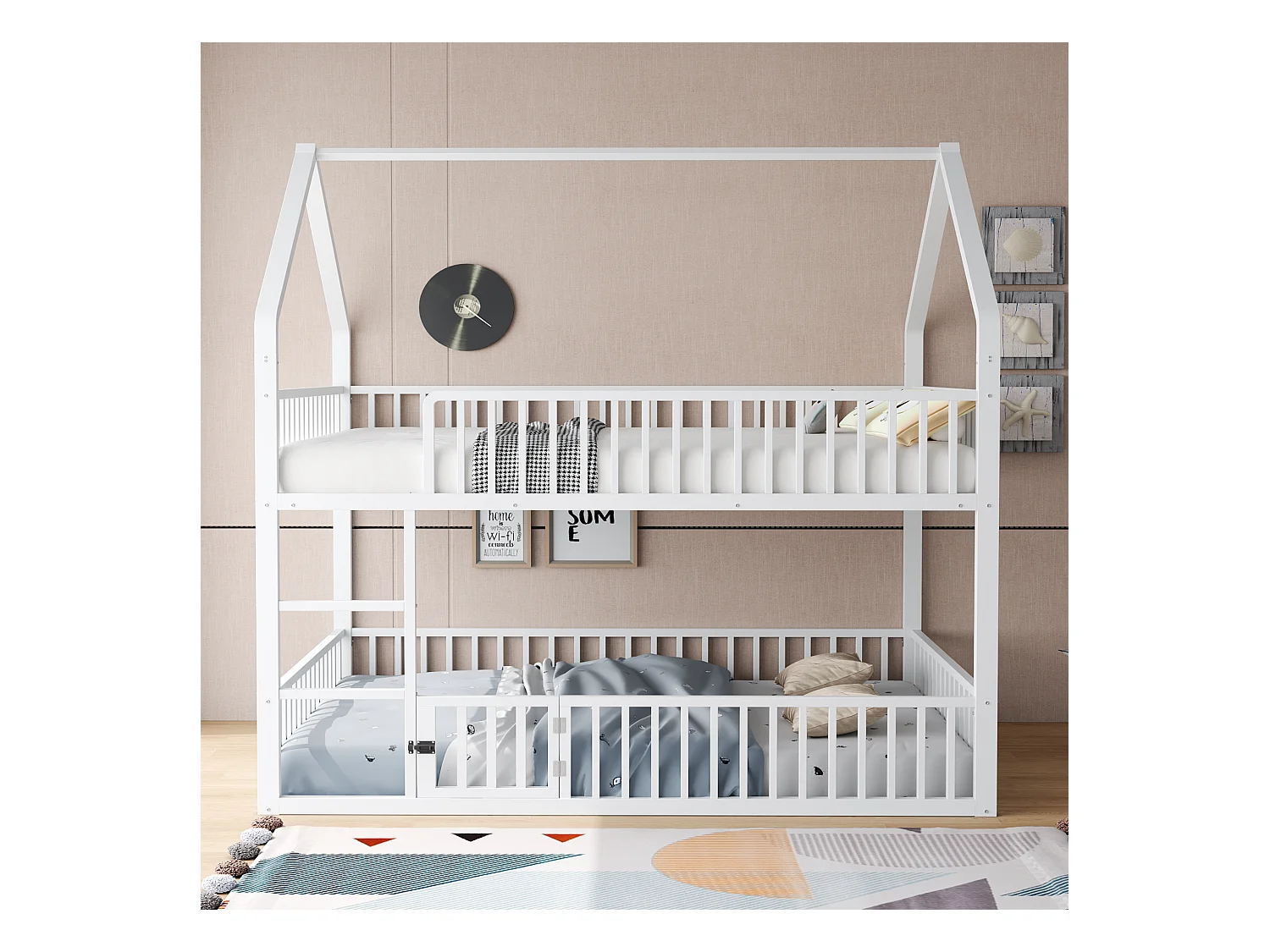 Lit superposé  cabane enfant blanc 140x200cm avec échelle, structure en métal, sans matelas