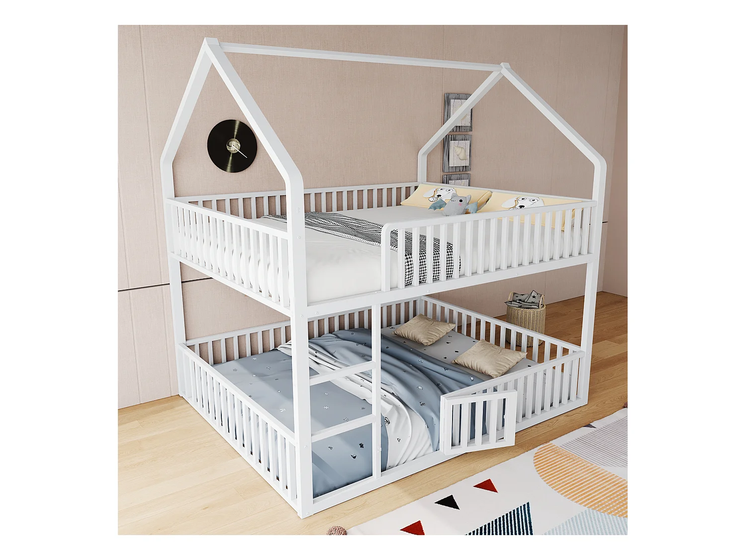 Lit superposé  cabane enfant blanc 140x200cm avec échelle, structure en métal, sans matelas