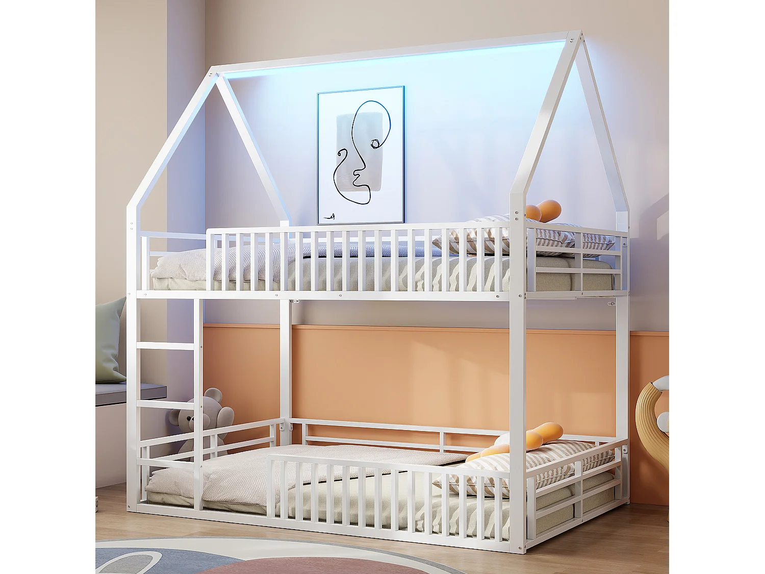 Lit superposé 140x200cm, clôtures et LED, 1 sommier, Lit cabane de style simple, en métal blanc, sans matalas