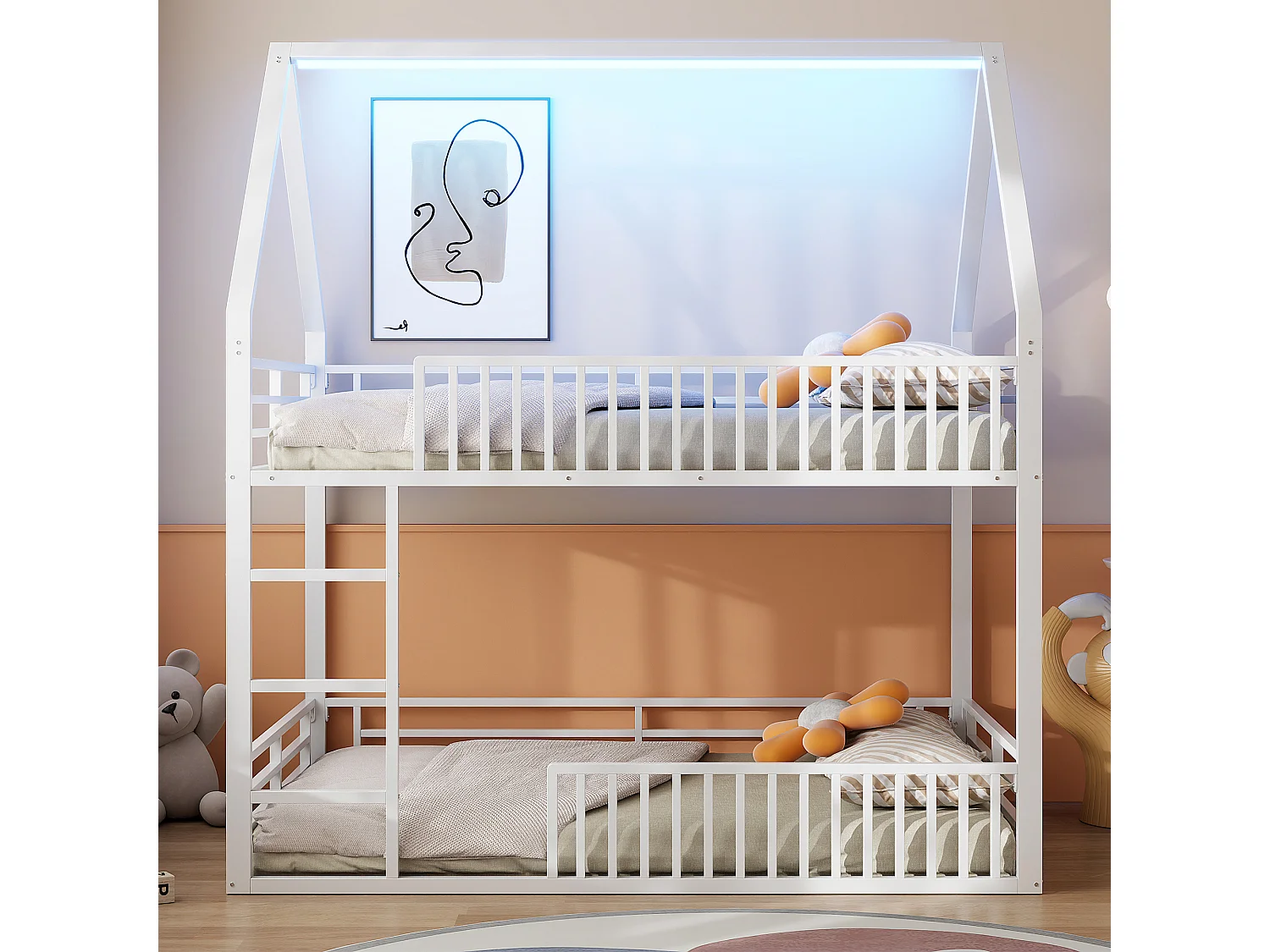 Lit Enfant 140 x 200 cm - Lit Maison Bas Avec Garde-Corps Type Clôture - En Métal - Éclairage LED 7 Couleurs, 24 Lattes - Sans Matelas - Blanc