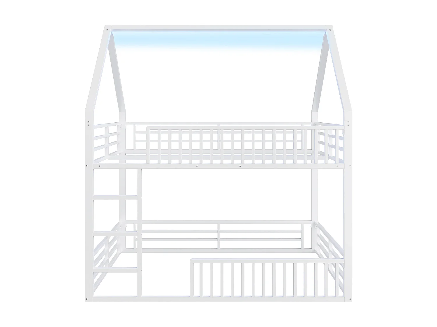 Lit Enfant 140 x 200 cm - Lit Maison Bas Avec Garde-Corps Type Clôture - En Métal - Éclairage LED 7 Couleurs, 24 Lattes - Sans Matelas - Blanc