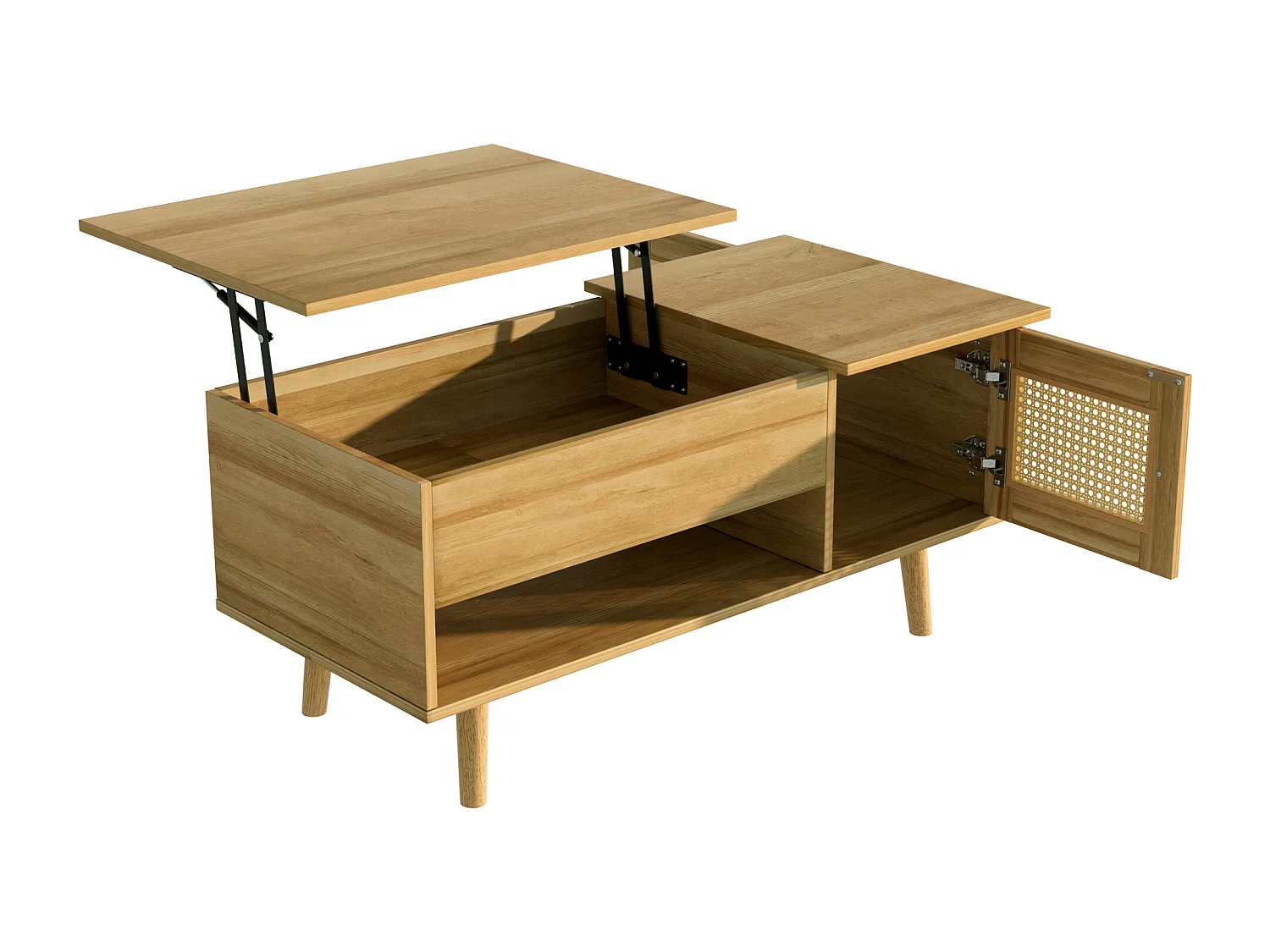 Table basse relevable en couleur bois avec 2 portes en rotin et rangement 103x50x46cm