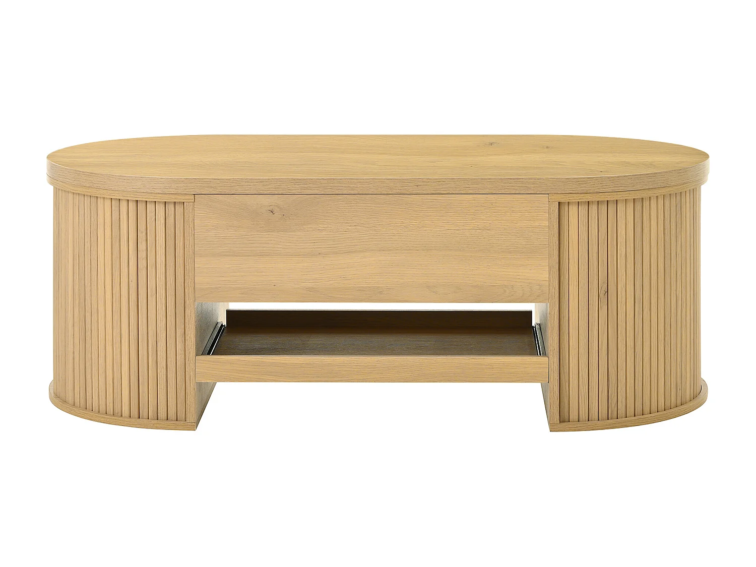 Table basse relevable naturelle avec étagère rétractable, côtés incurvés, MDF