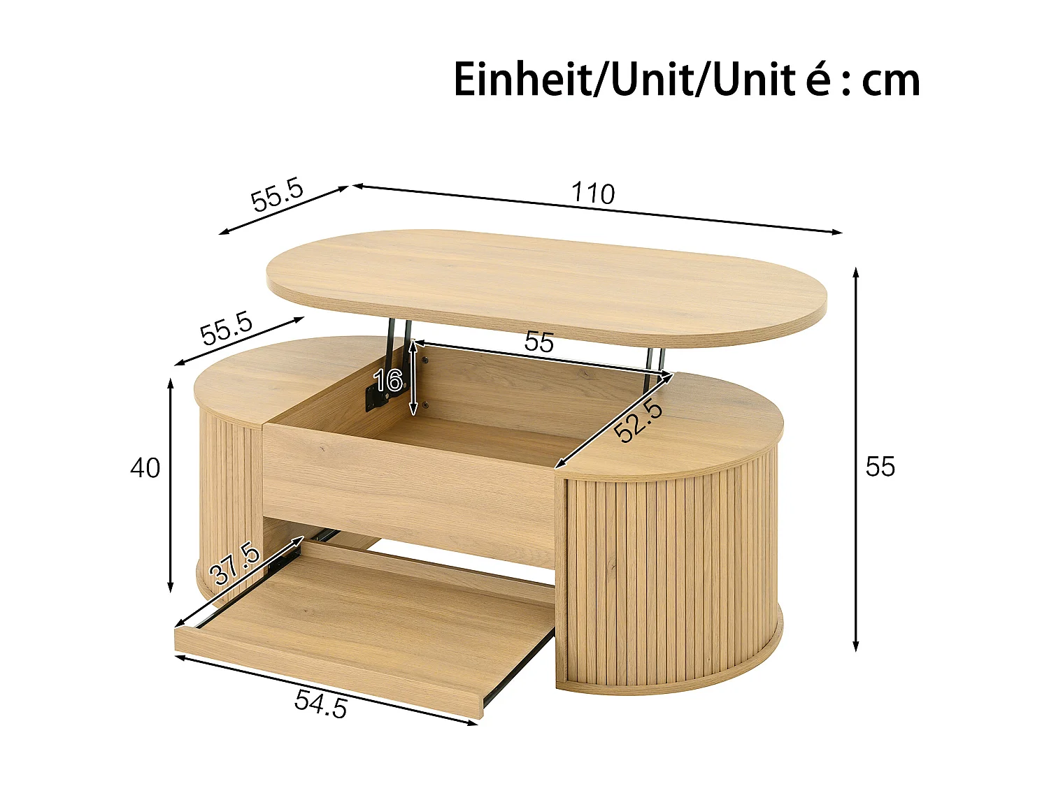 Table basse relevable naturelle avec étagère rétractable, côtés incurvés, MDF