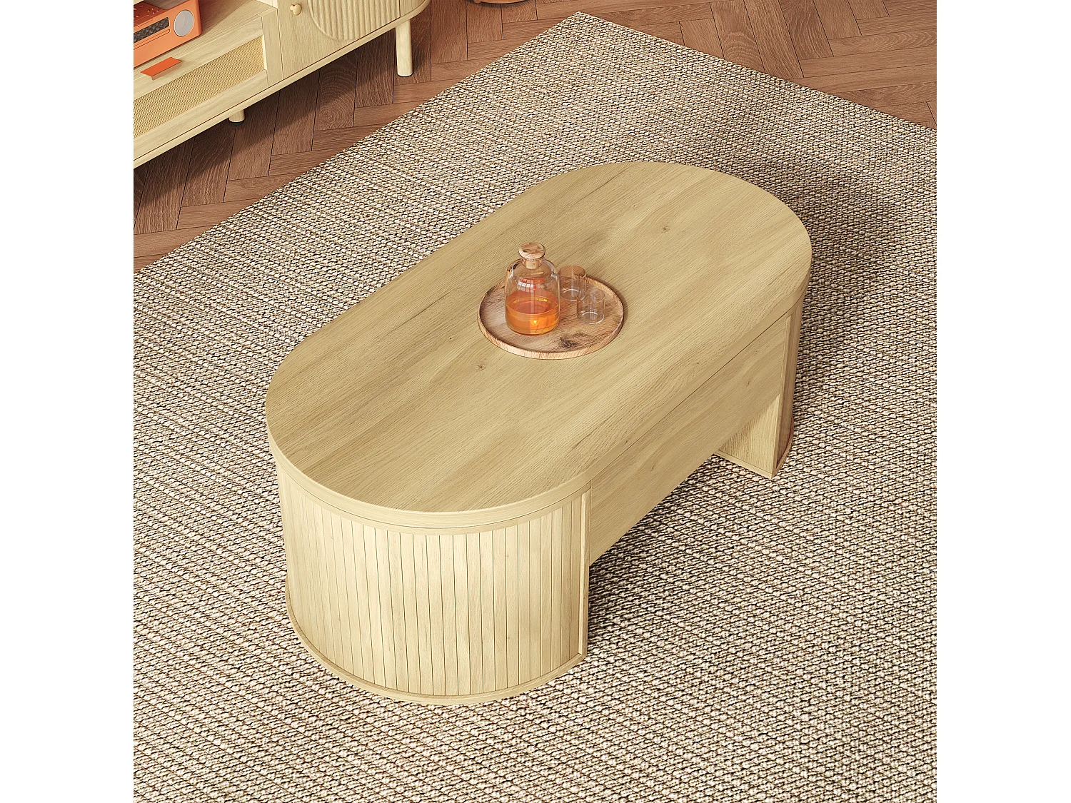 Table basse relevable naturelle avec étagère rétractable, côtés incurvés, MDF