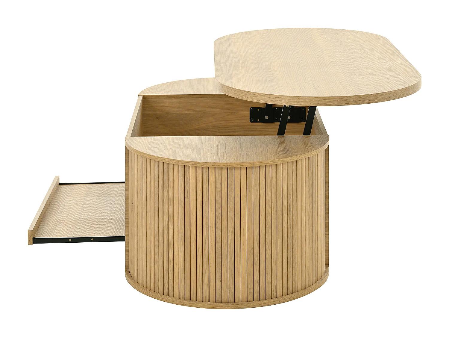 Table basse relevable naturelle avec étagère rétractable, côtés incurvés, MDF