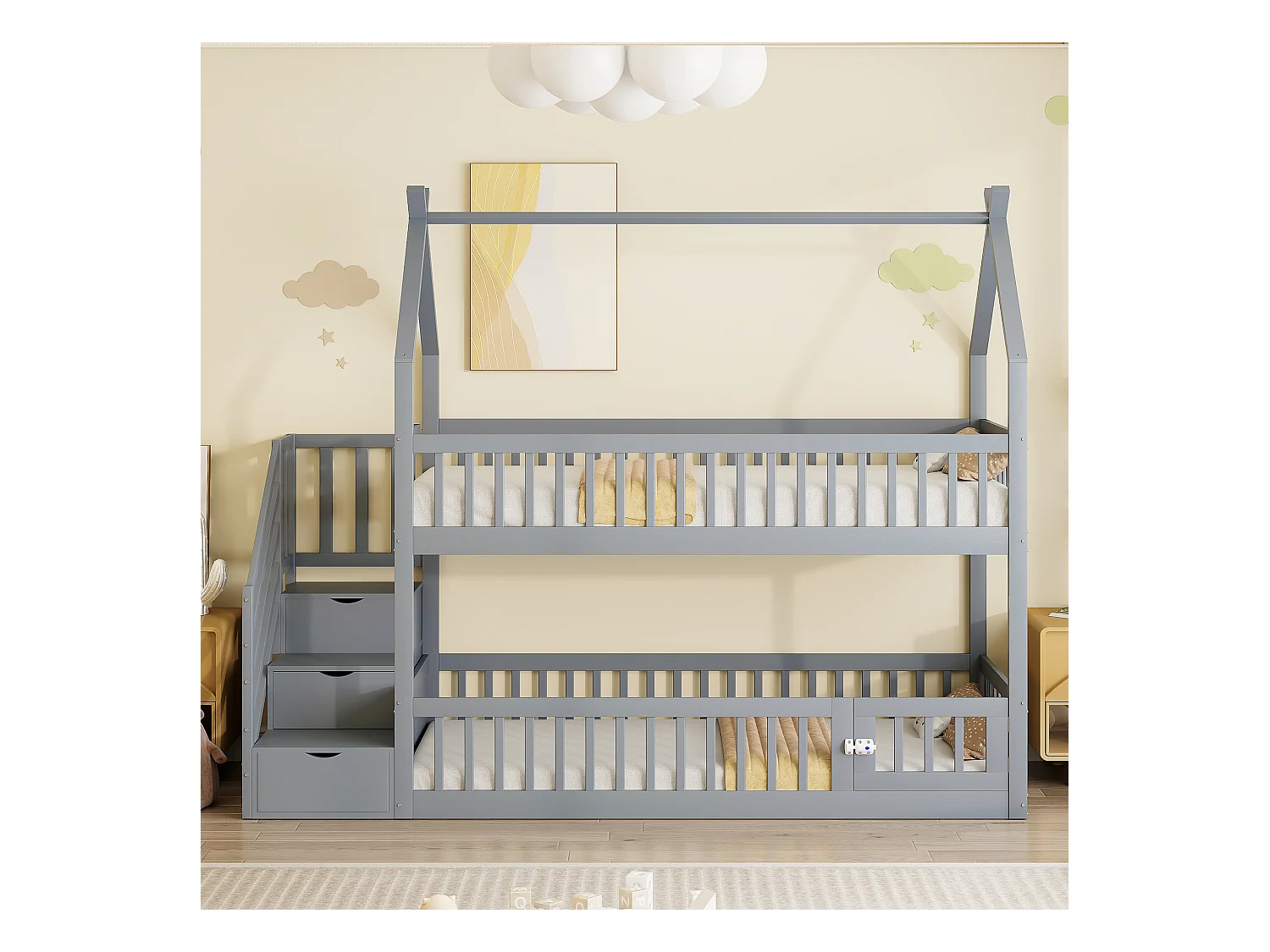 Lit superposé cabane enfant gris 90x200cm avec escalier de rangement, sans matelas