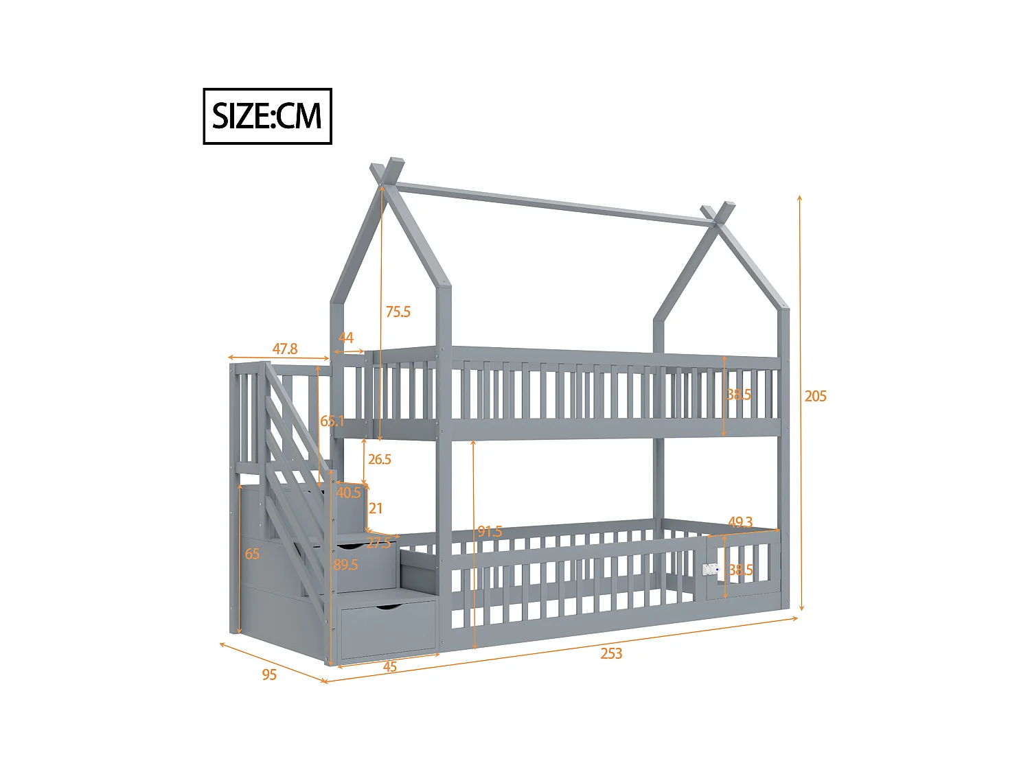 Lit superposé cabane enfant gris 90x200cm avec escalier de rangement, sans matelas