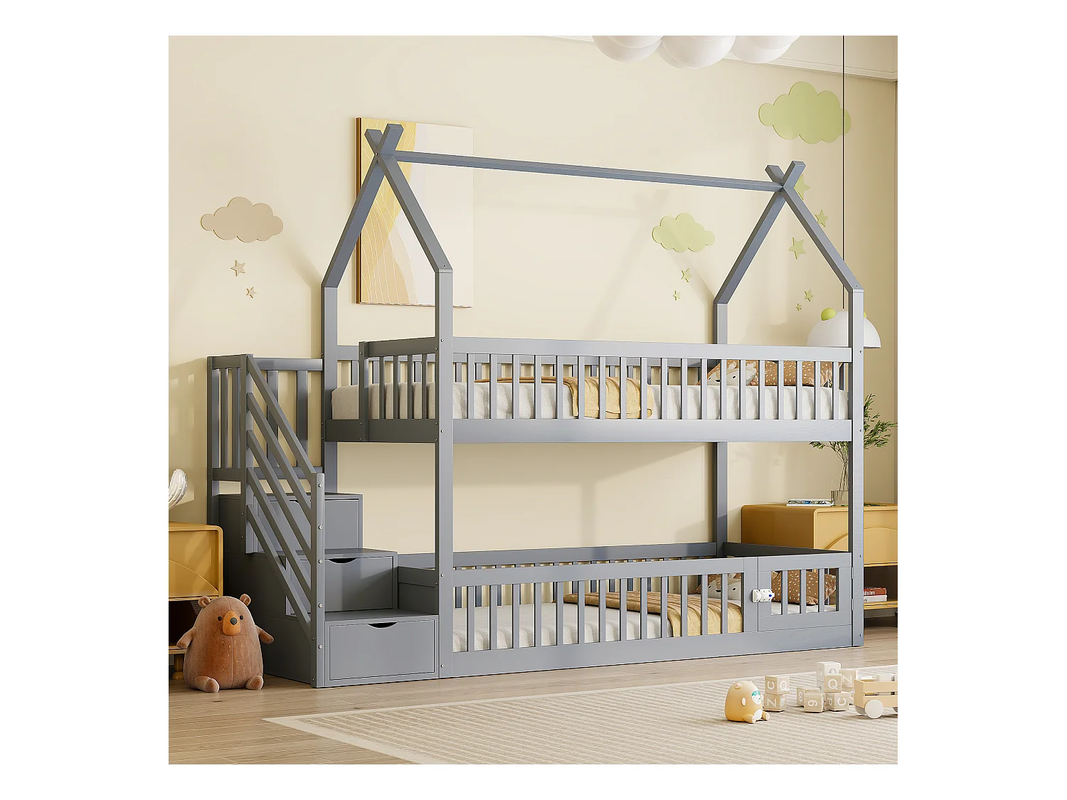 Lit superposé cabane enfant gris 90x200cm avec escalier de rangement, sans matelas