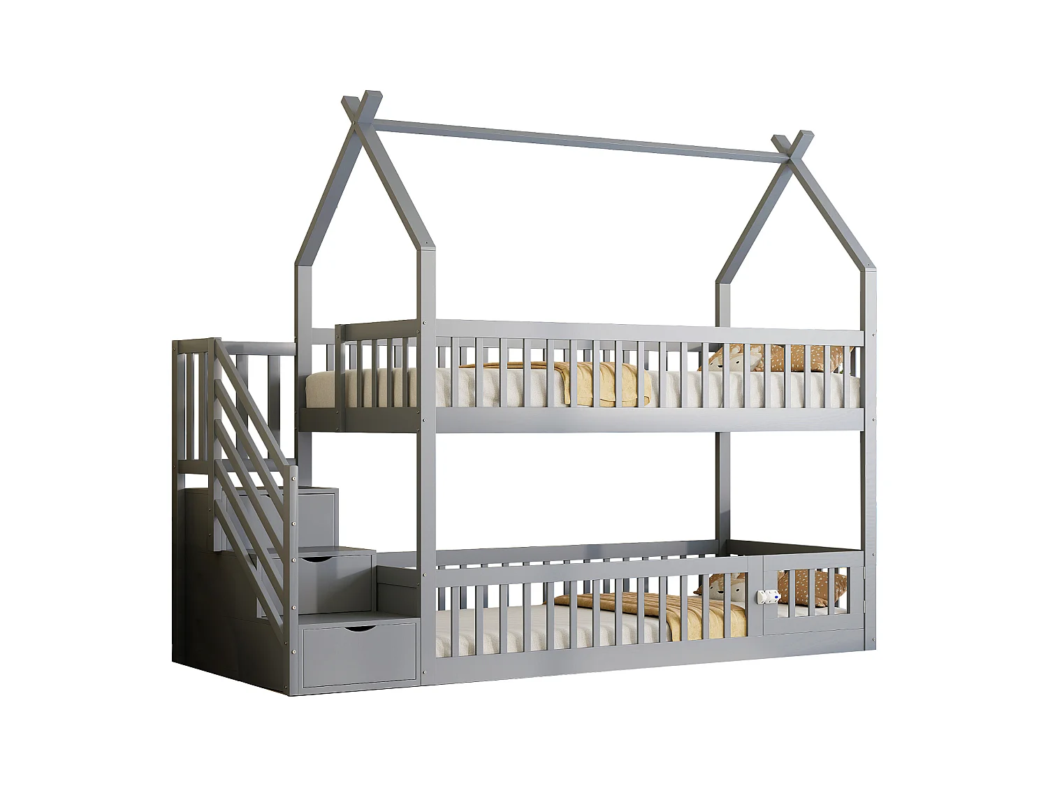 Lit superposé cabane enfant gris 90x200cm avec escalier de rangement, sans matelas