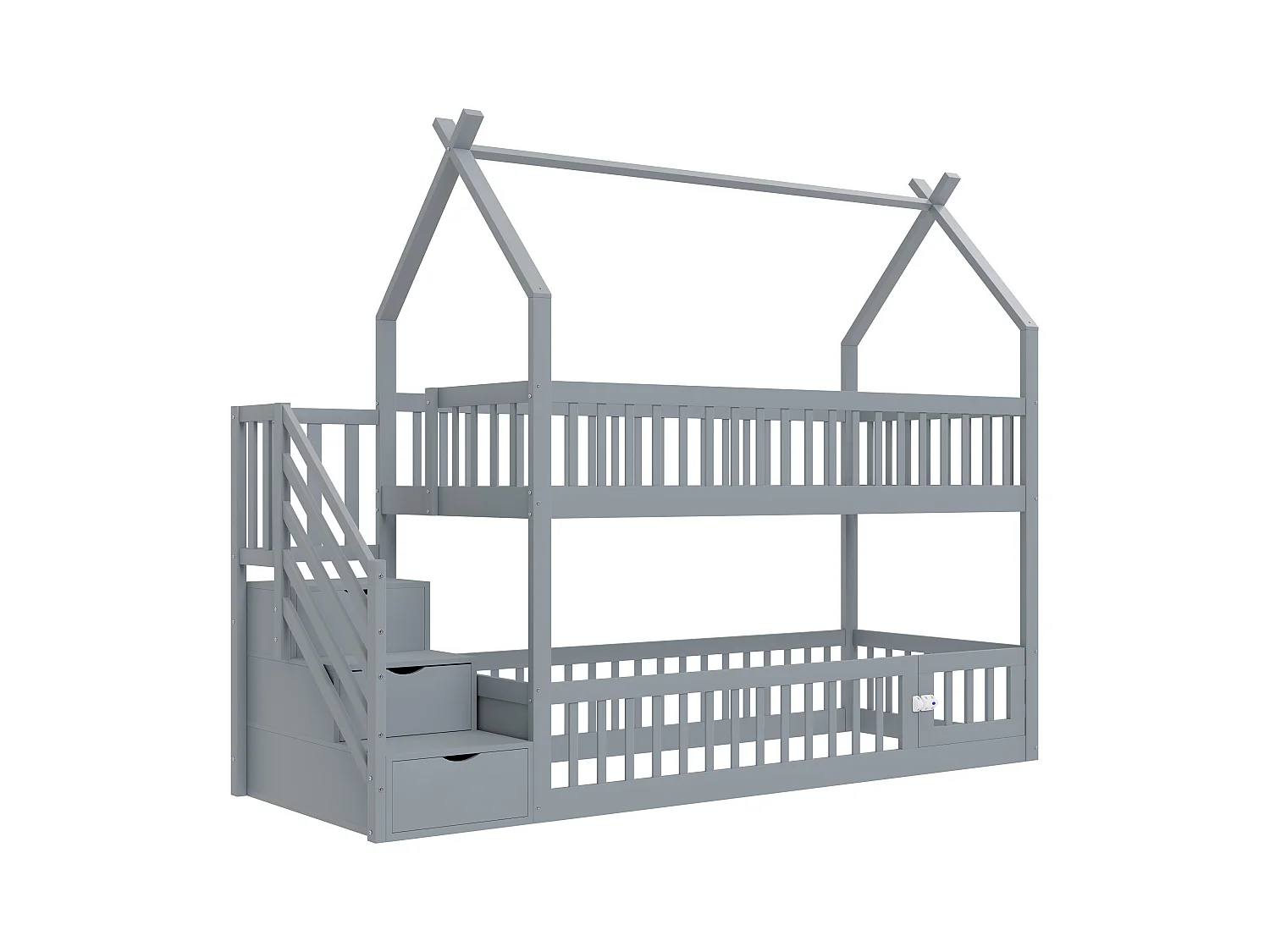 Lit superposé cabane enfant gris 90x200cm avec escalier de rangement, sans matelas