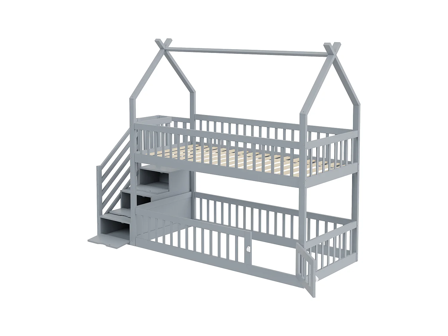 Lit superposé cabane enfant gris 90x200cm avec escalier de rangement, sans matelas