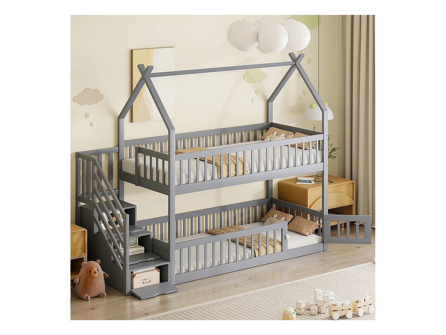 Lit superposé cabane enfant gris 90x200cm avec escalier de rangement, sans matelas