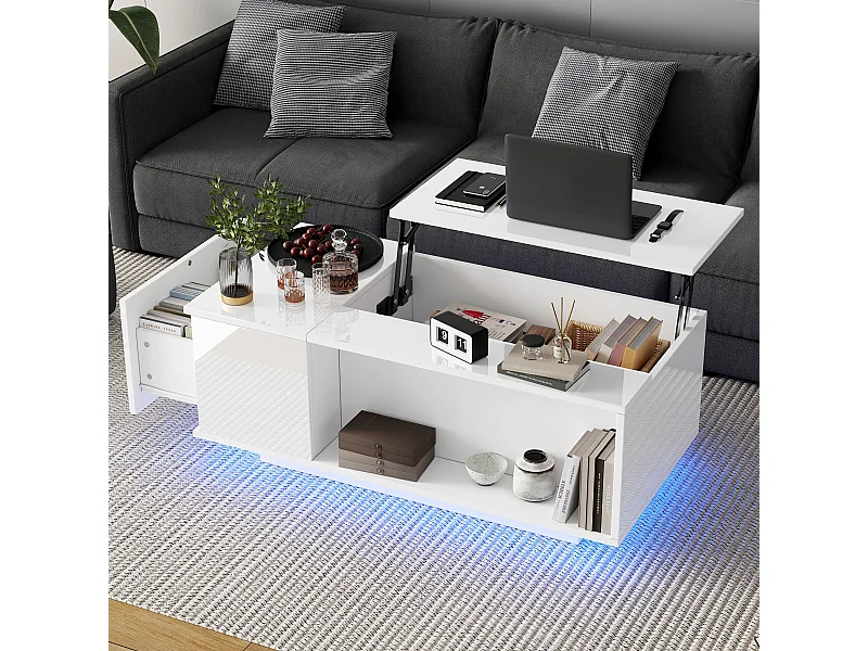 Table basse relevable blanche avec tiroir, LED et rangement, plateau réglable en hauteur