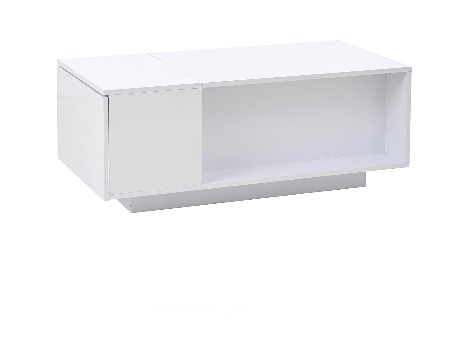 Table basse relevable blanche avec tiroir, LED et rangement, plateau réglable en hauteur