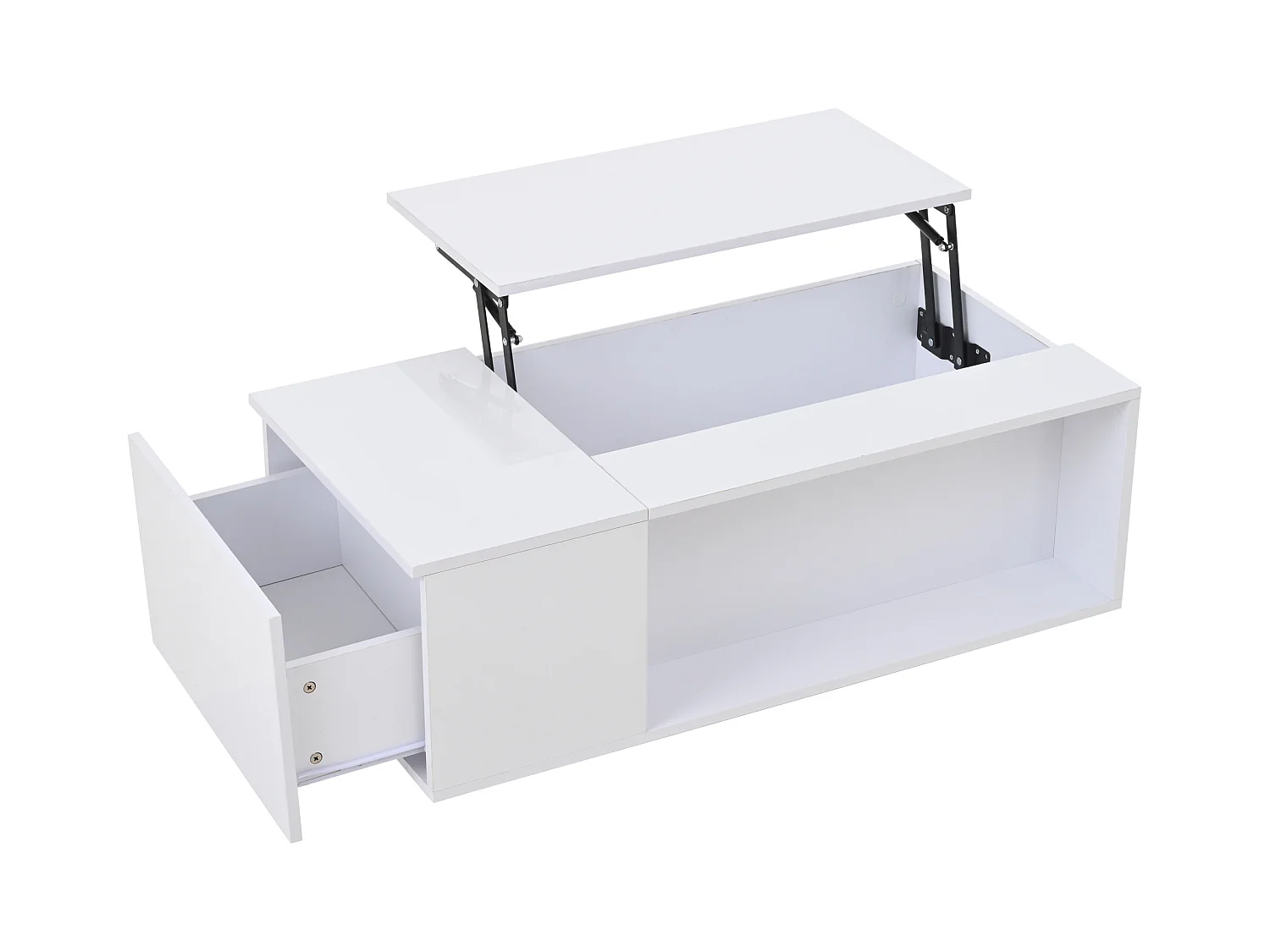 Table basse relevable blanche avec tiroir, LED et rangement, plateau réglable en hauteur