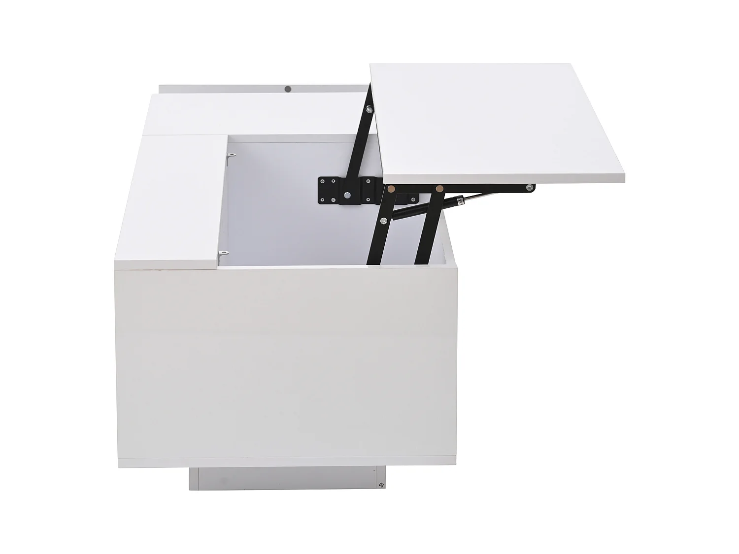 Table basse relevable blanche avec tiroir, LED et rangement, plateau réglable en hauteur