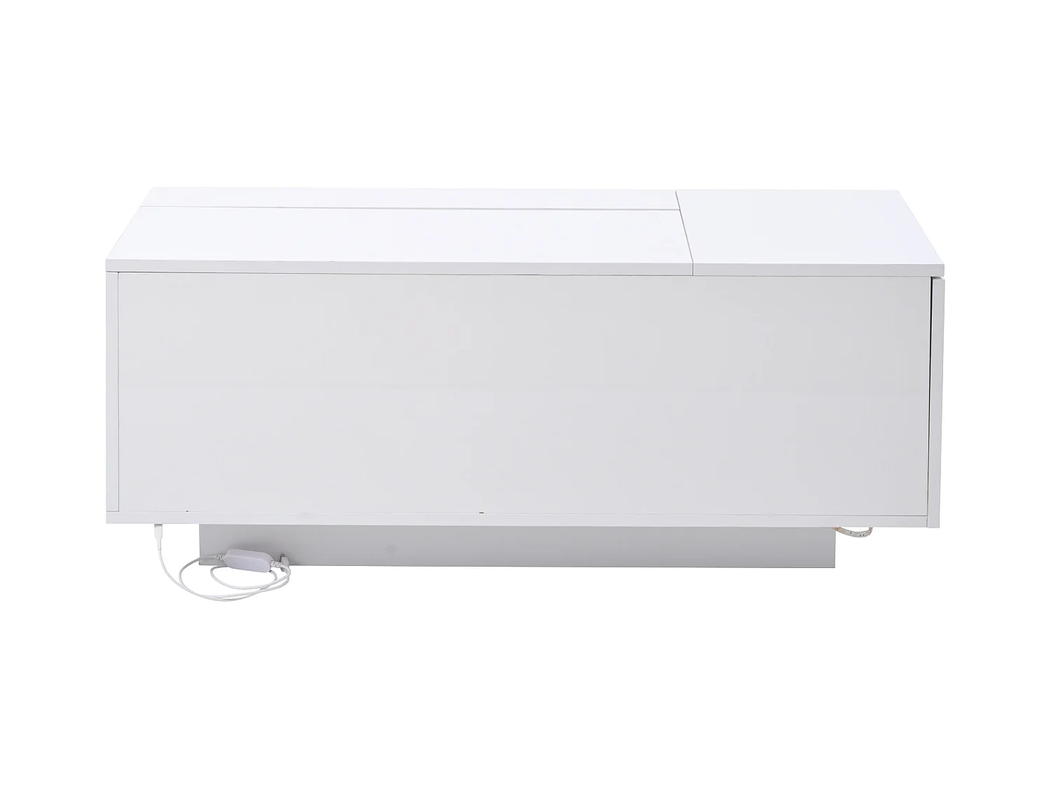 Table basse relevable blanche avec tiroir, LED et rangement, plateau réglable en hauteur