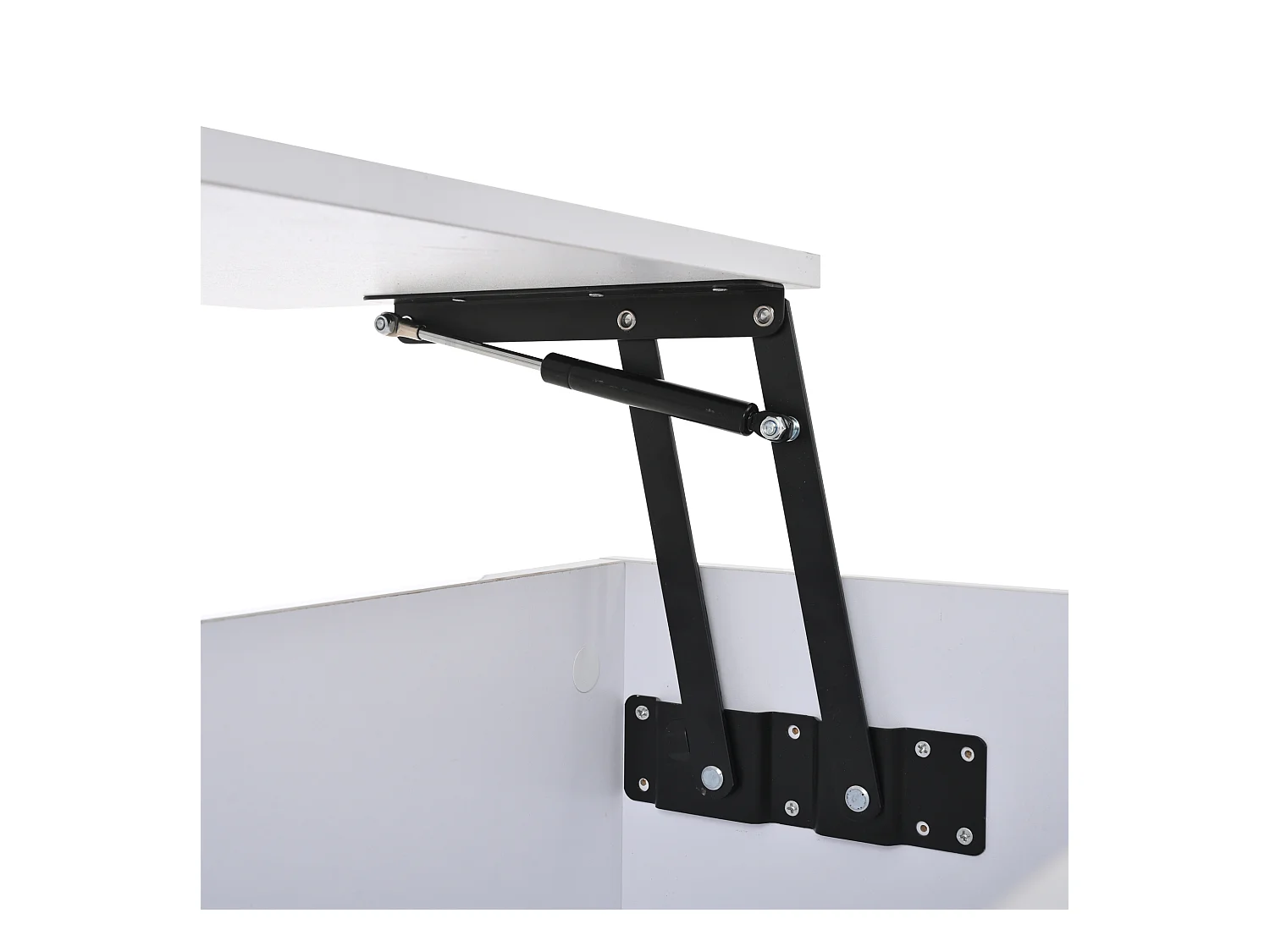 Table basse relevable blanche avec tiroir, LED et rangement, plateau réglable en hauteur