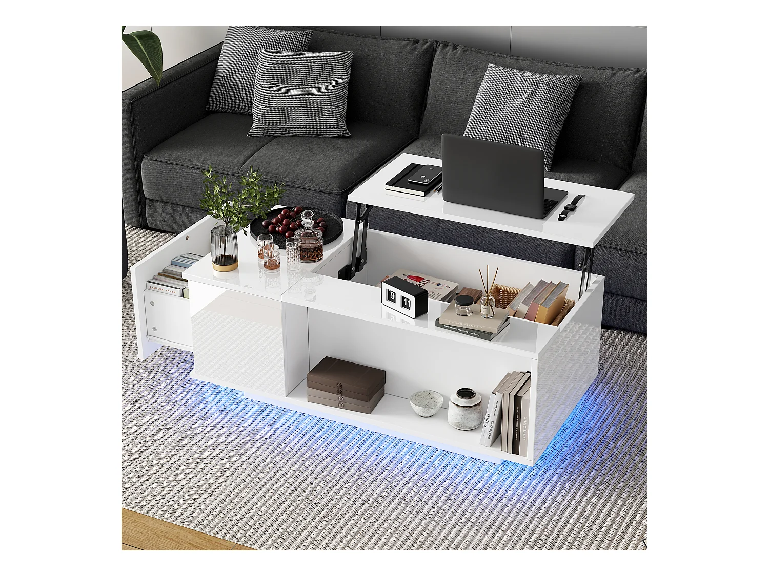 Witte opklapbare salontafel met lade, LED-verlichting en opbergruimte, in hoogte verstelbaar blad