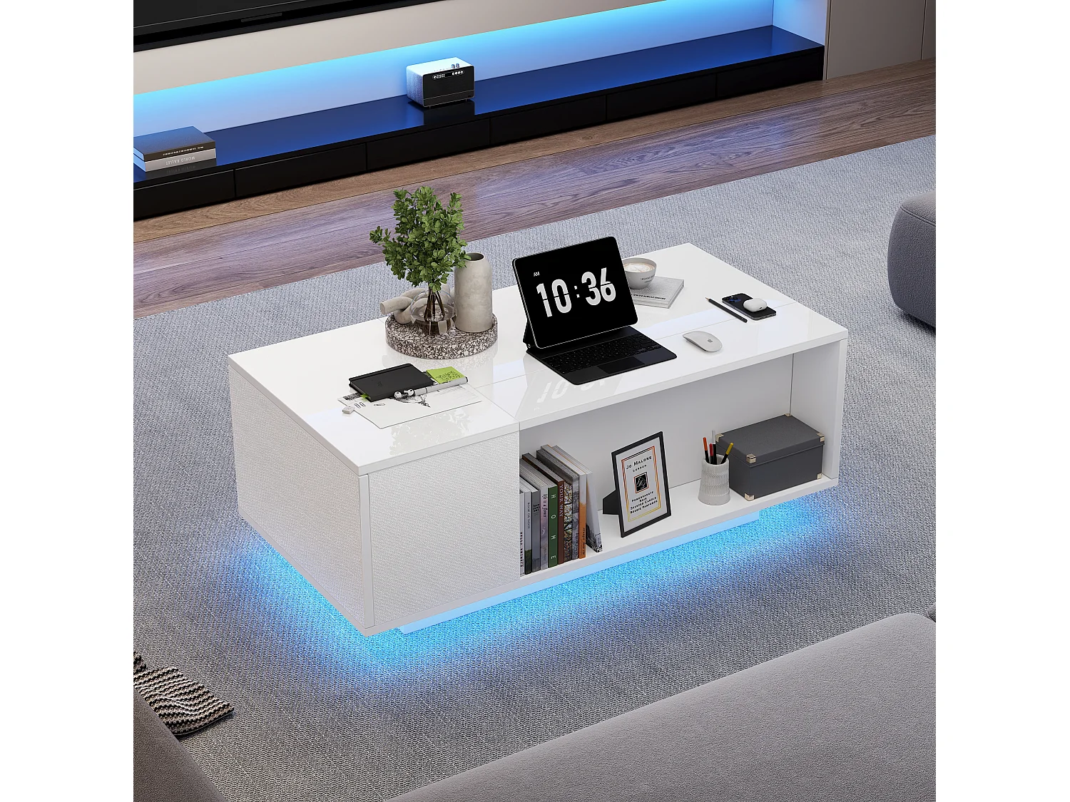 Tavolino da caffè bianco sollevabile con cassetto, LED e contenitore, piano regolabile in altezza