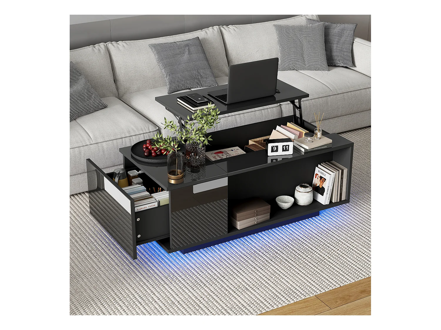 Table basse relevable noire avec tiroir, LED et rangement, plateau réglable en hauteur