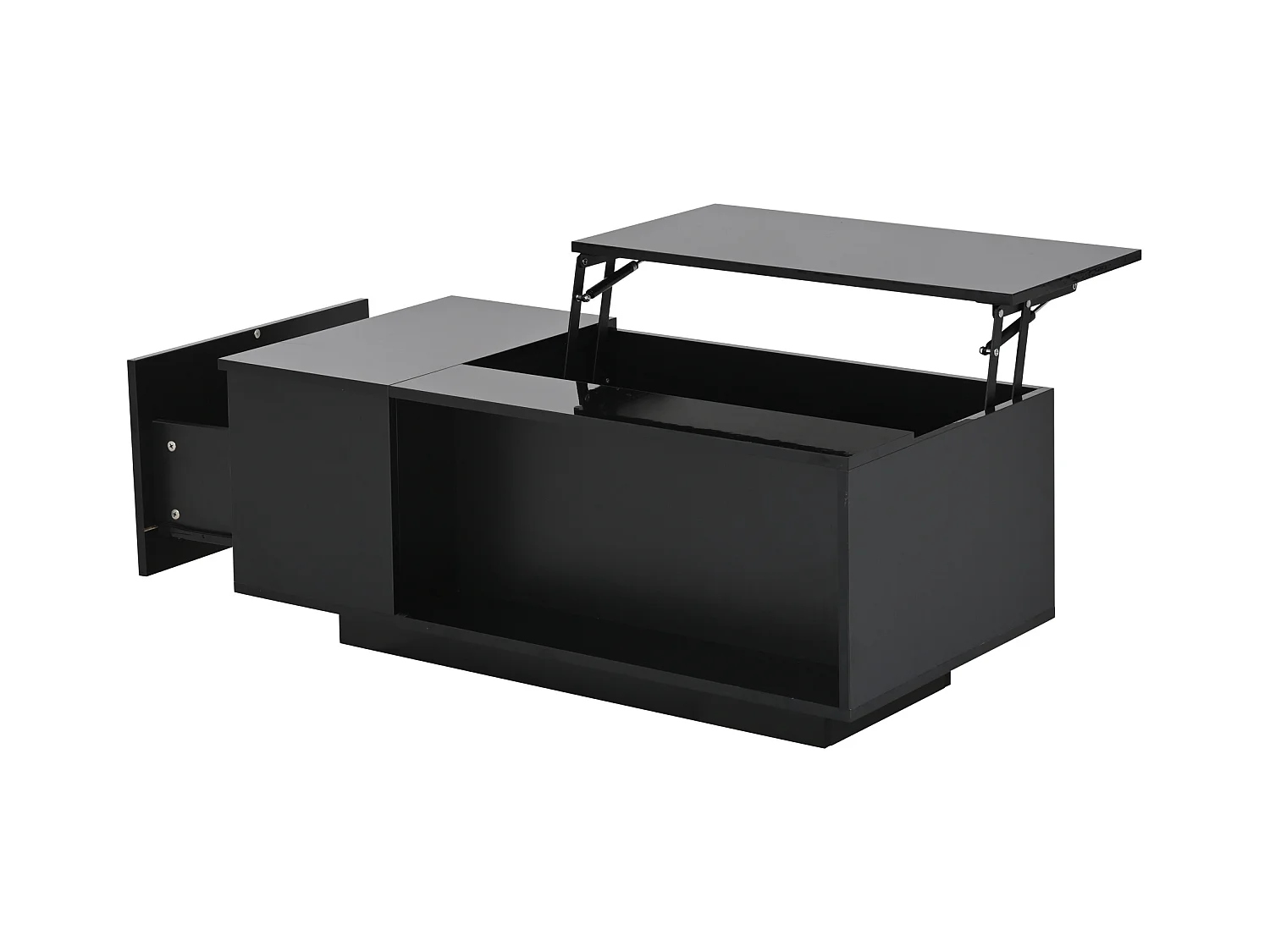 Table basse relevable noire avec tiroir, LED et rangement, plateau réglable en hauteur