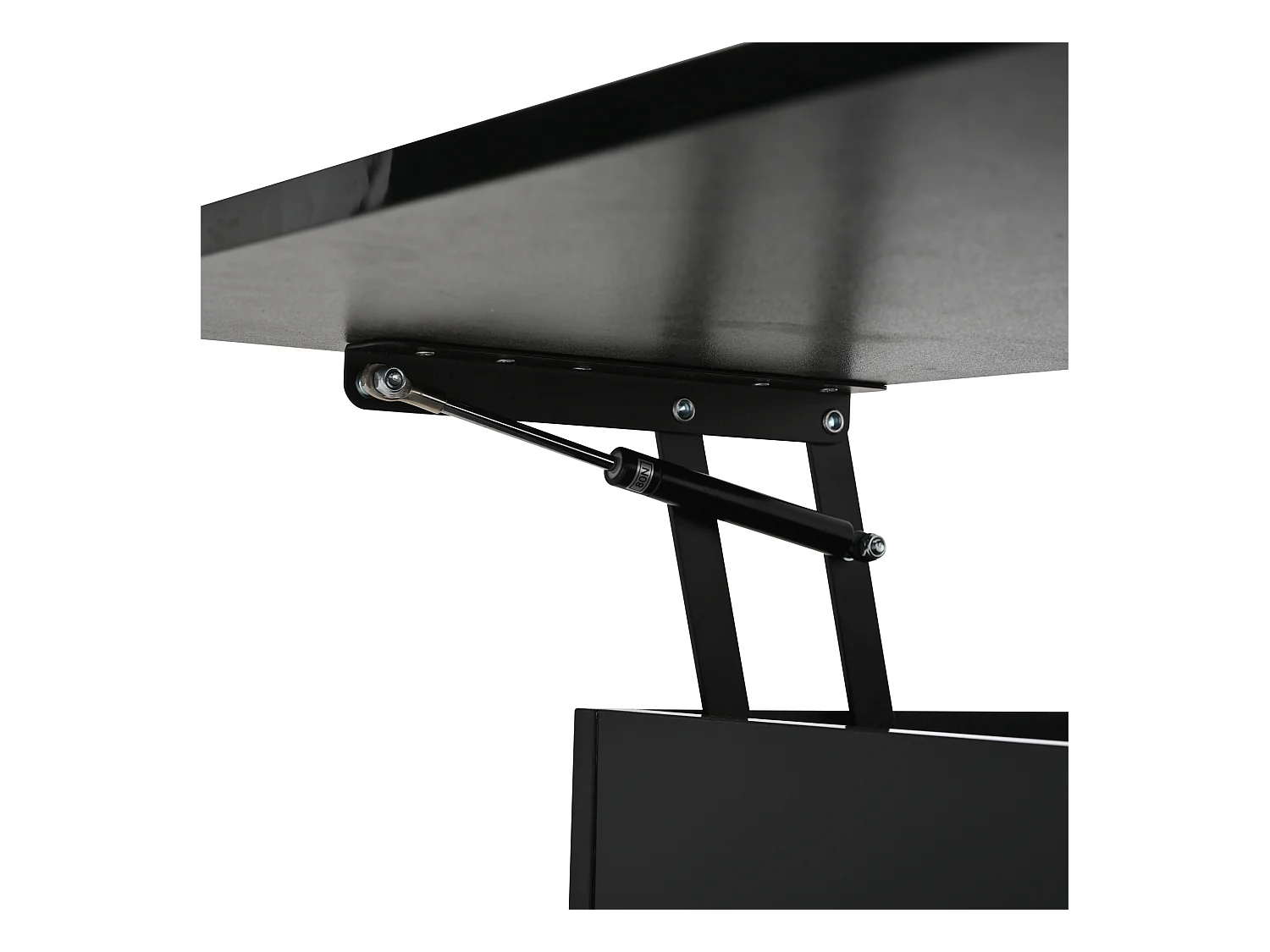 Table basse relevable noire avec tiroir, LED et rangement, plateau réglable en hauteur