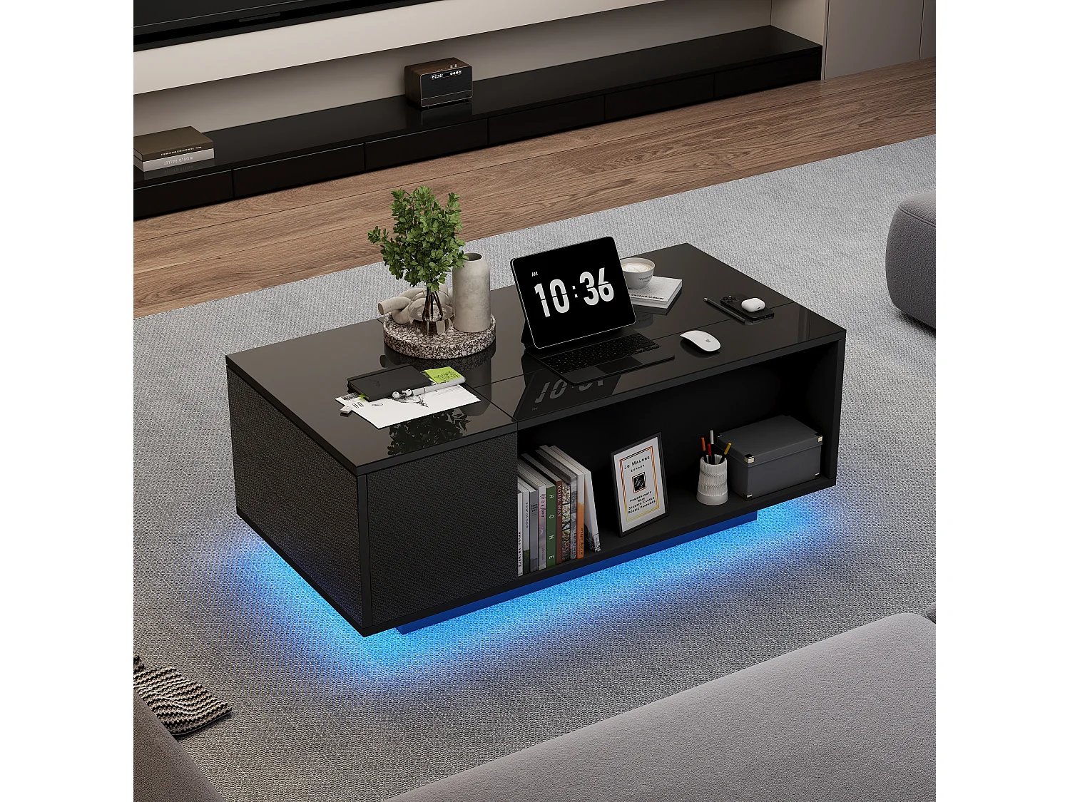 Table basse relevable noire avec tiroir, LED et rangement, plateau réglable en hauteur