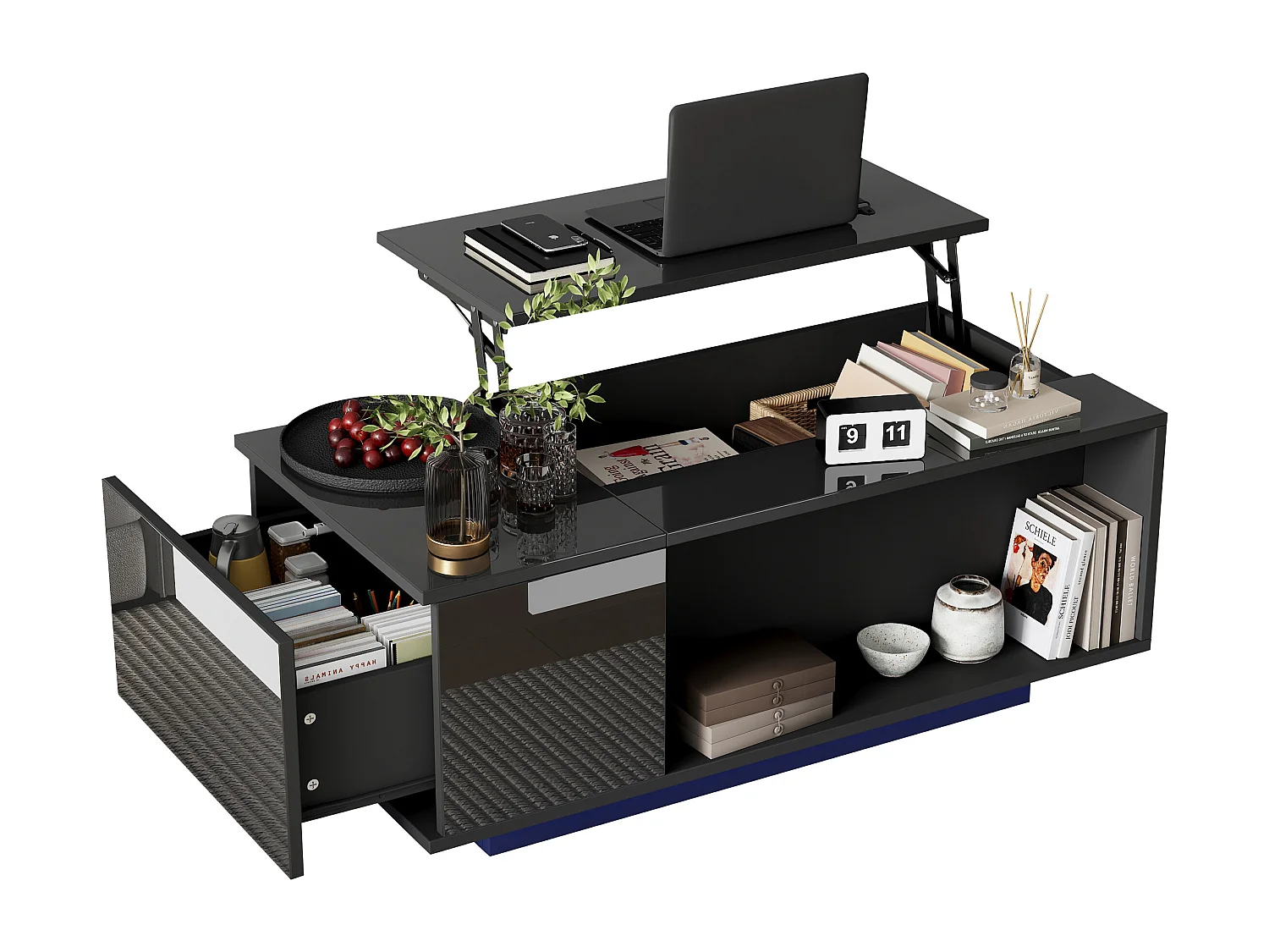 Table basse relevable noire avec tiroir, LED et rangement, plateau réglable en hauteur