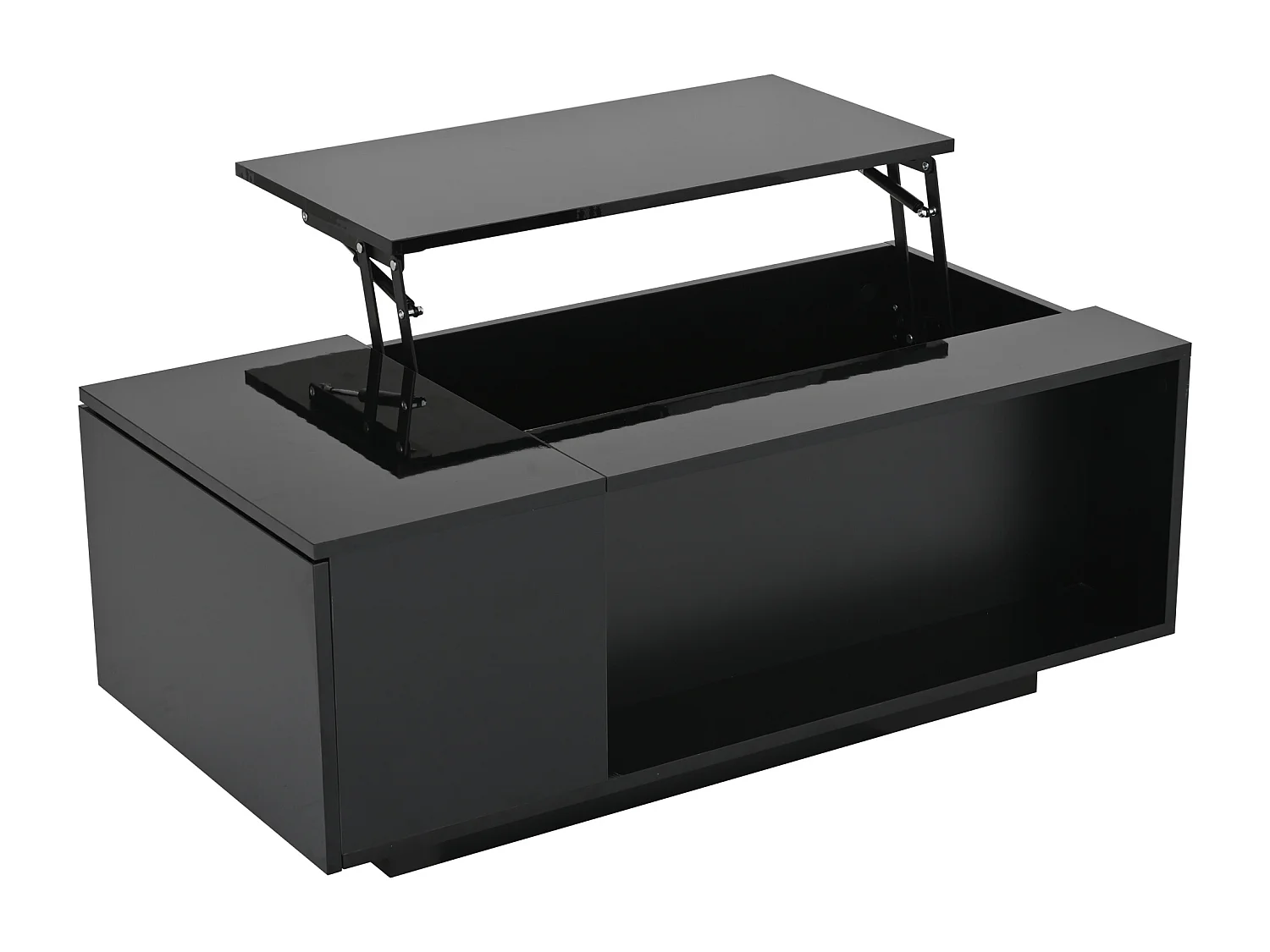 Table basse relevable noire avec tiroir, LED et rangement, plateau réglable en hauteur