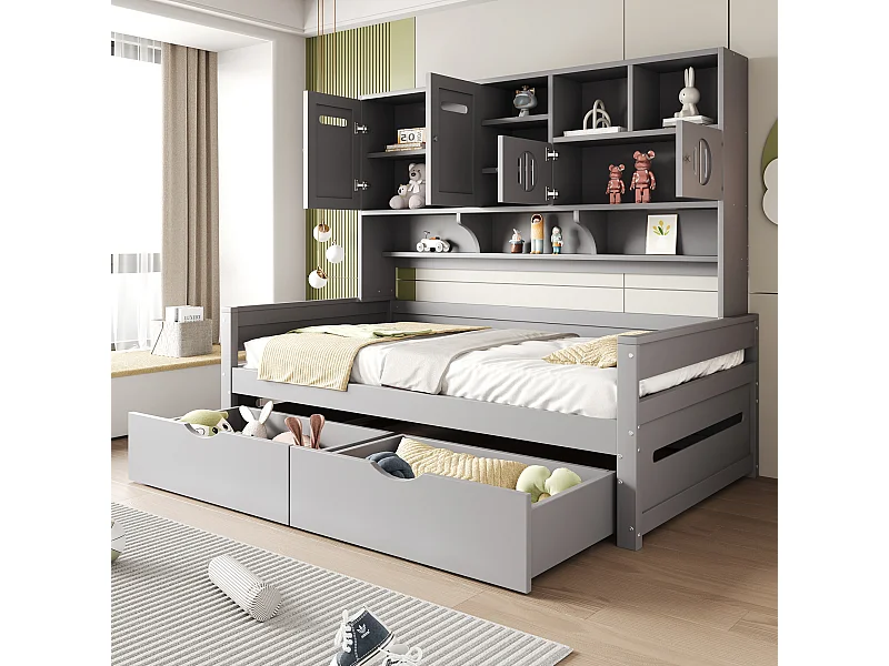 Lit banquette simple en bois gris 90x200cm avec 2 tiroirs, 4 portes et rangement, sans matelas