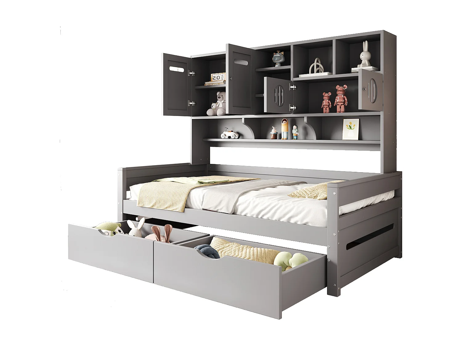 Lit banquette simple en bois gris 90x200cm avec 2 tiroirs, 4 portes et rangement, sans matelas