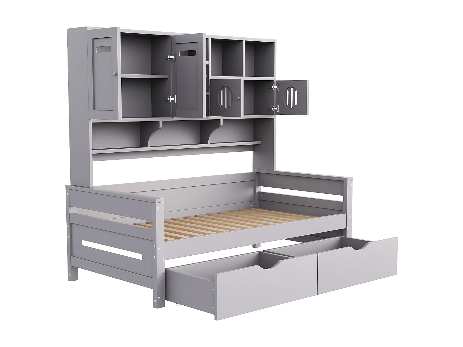 Lit banquette simple en bois gris 90x200cm avec 2 tiroirs, 4 portes et rangement, sans matelas