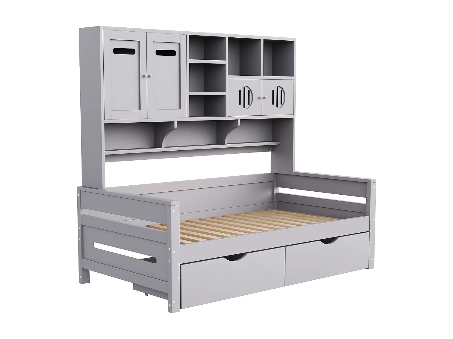 Lit banquette simple en bois gris 90x200cm avec 2 tiroirs, 4 portes et rangement, sans matelas