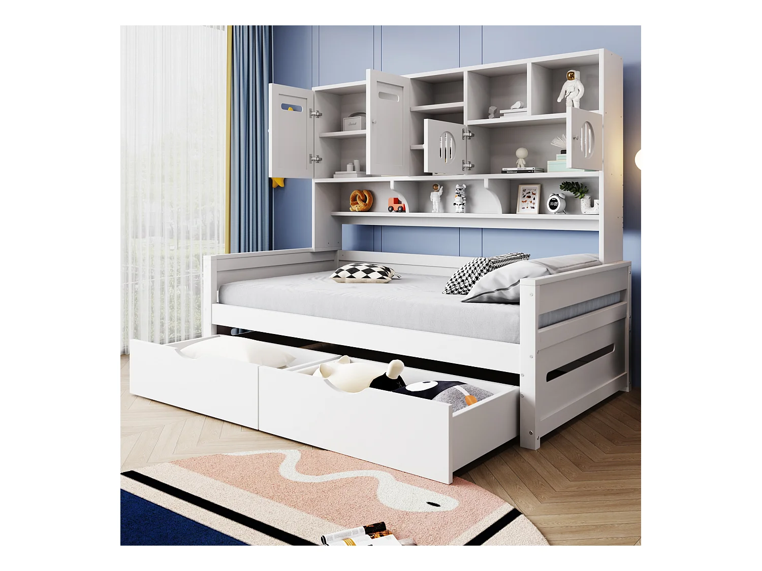 Lit banquette simple en bois blanc 90x200cm avec 2 tiroirs, 4 portes et rangement, sans matelas