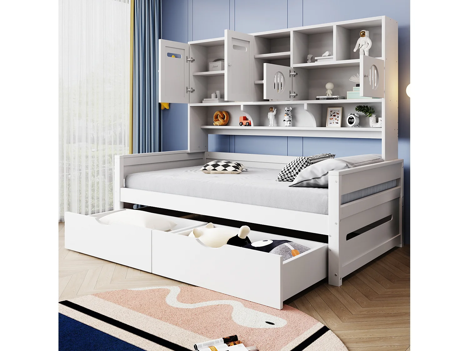 Lit banquette simple en bois blanc 90x200cm avec 2 tiroirs, 4 portes et rangement, sans matelas