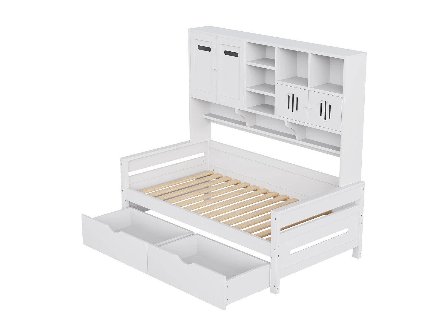 Lit banquette simple en bois blanc 90x200cm avec 2 tiroirs, 4 portes et rangement, sans matelas