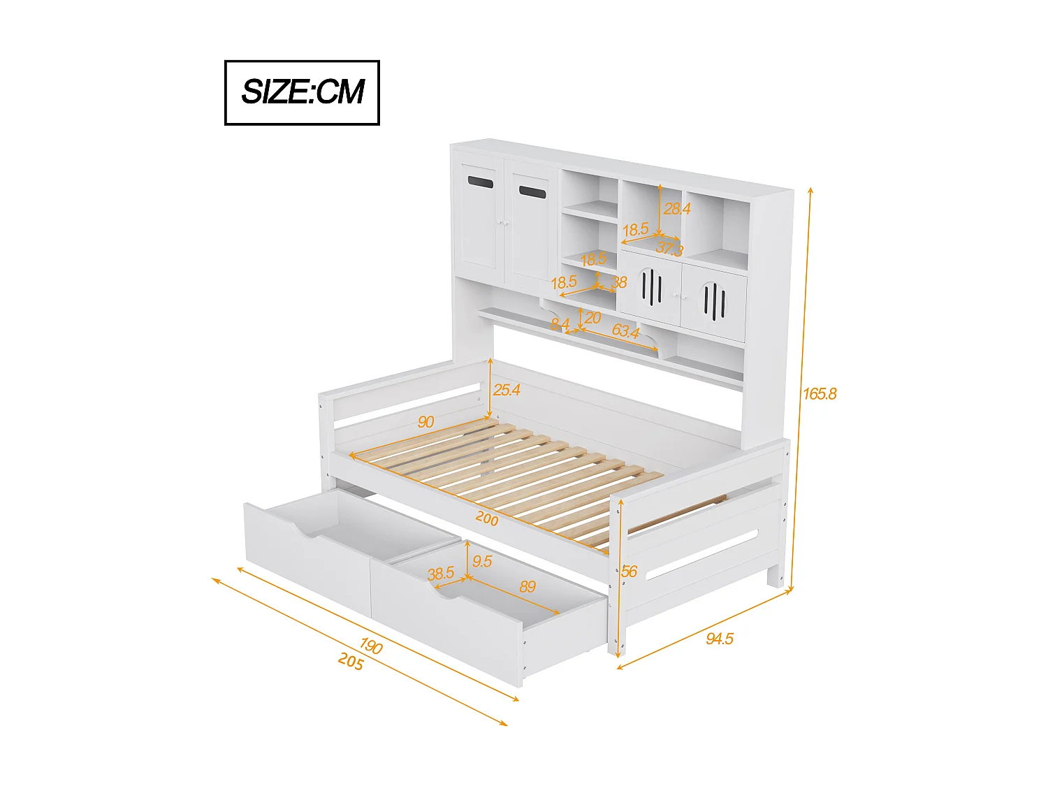 Lit banquette simple en bois blanc 90x200cm avec 2 tiroirs, 4 portes et rangement, sans matelas