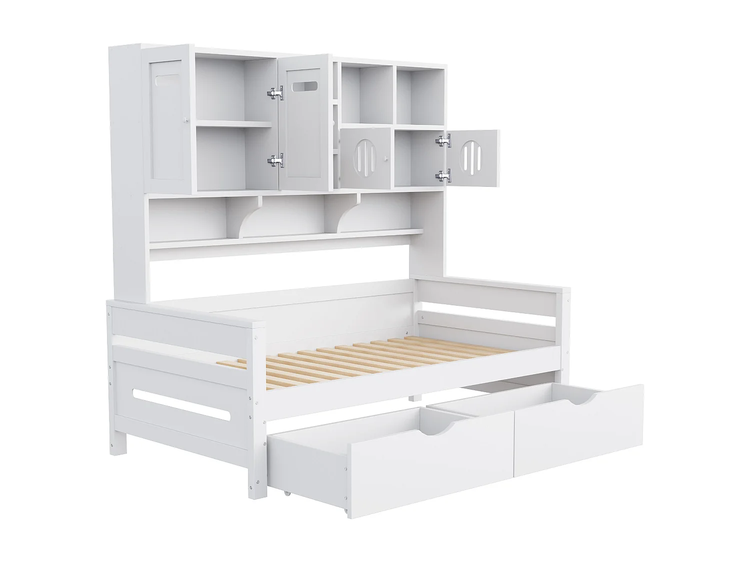 Lit banquette simple en bois blanc 90x200cm avec 2 tiroirs, 4 portes et rangement, sans matelas