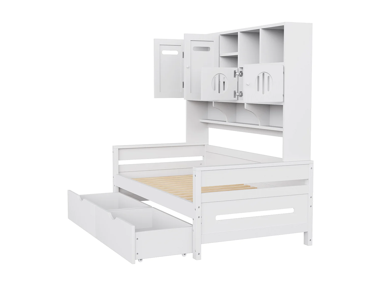 Lit banquette simple en bois blanc 90x200cm avec 2 tiroirs, 4 portes et rangement, sans matelas