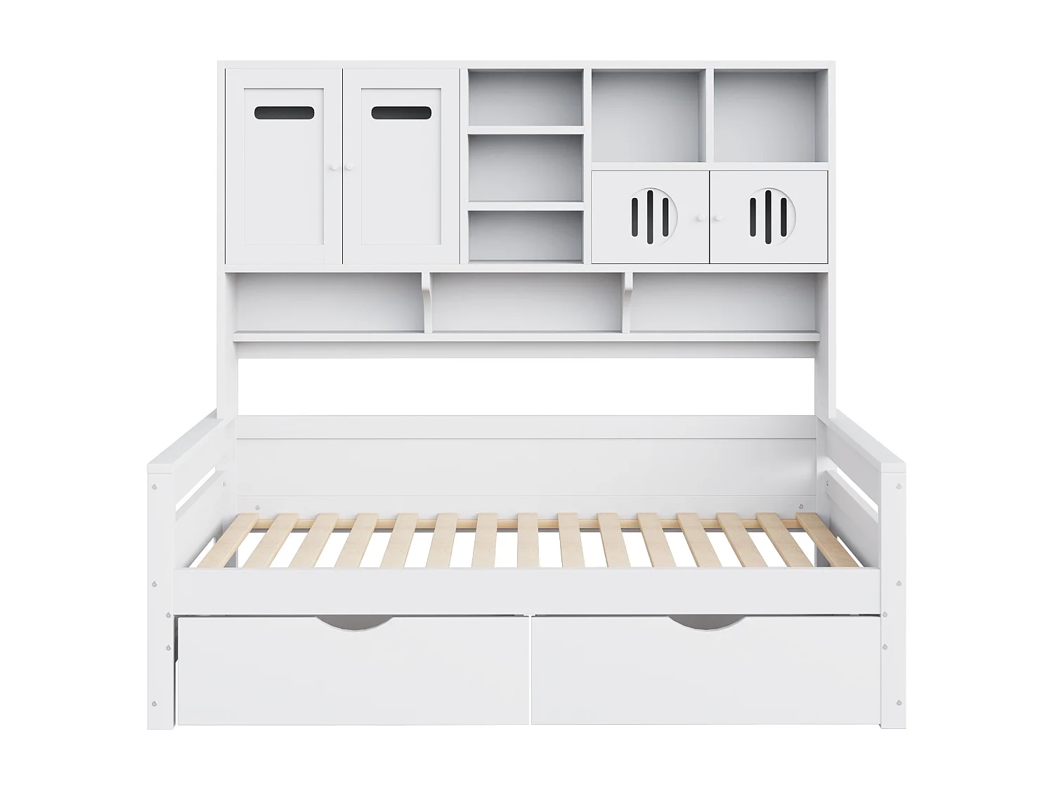 Lit banquette simple en bois blanc 90x200cm avec 2 tiroirs, 4 portes et rangement, sans matelas