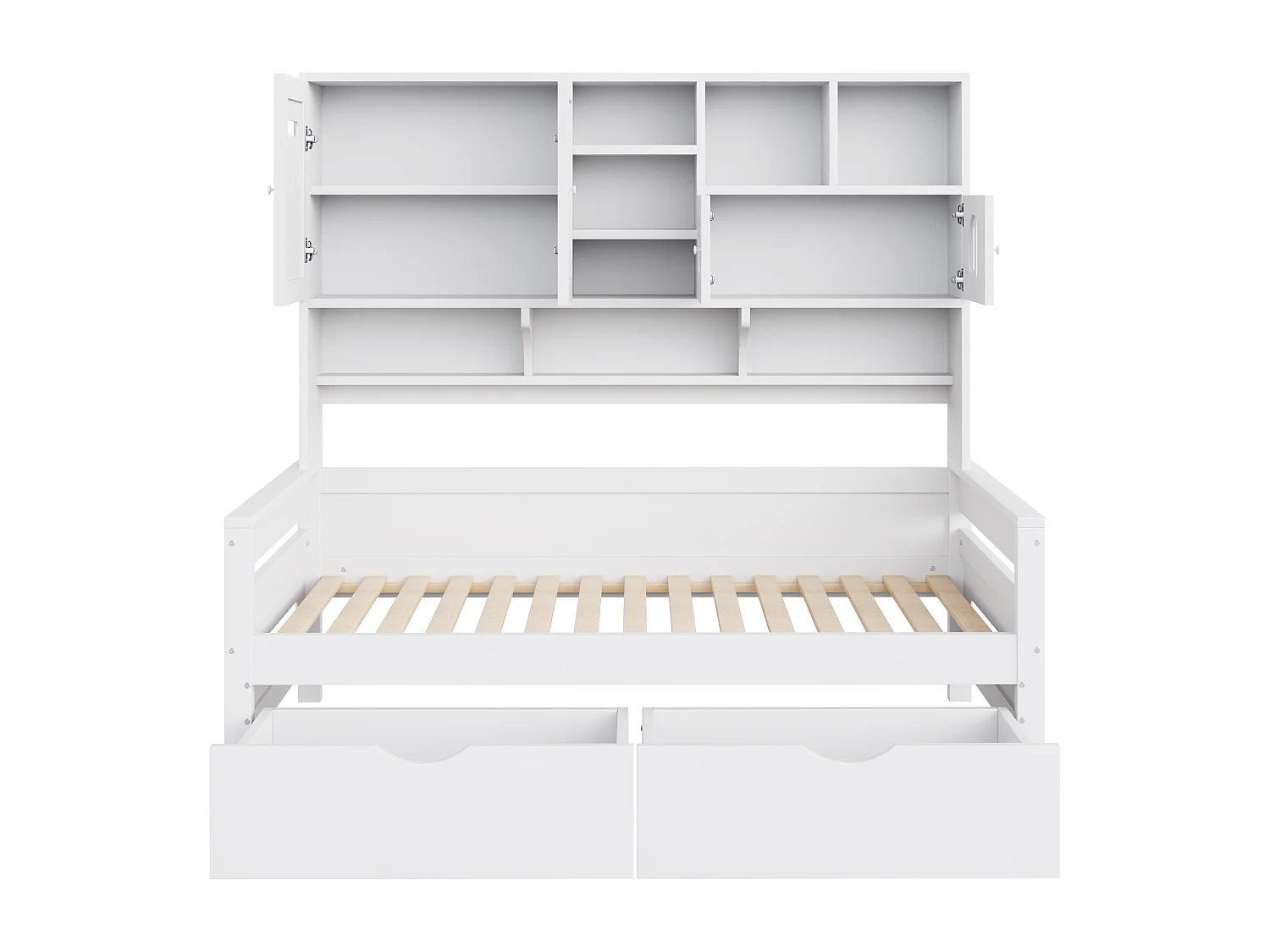 Lit banquette simple en bois blanc 90x200cm avec 2 tiroirs, 4 portes et rangement, sans matelas