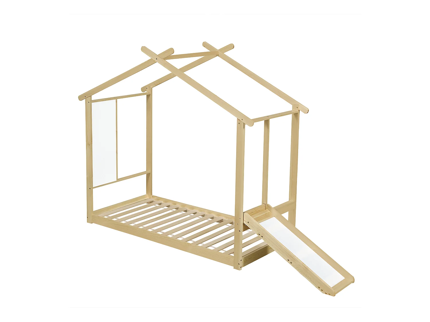 Lit enfant cabane naturelle 90x200cm avec tableau blanc inscriptible et toboggan, pin + MDF (sans matelas)